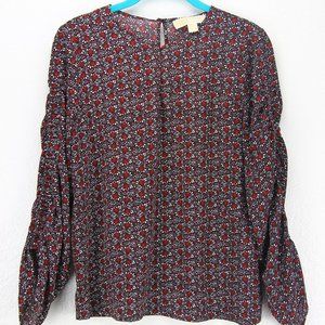 Michael Kors Red Floral Print Long Ruched Sleeve